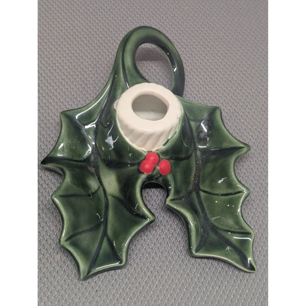 VTG Ceramic Holly Leaf Christmas Candle Holders Set of 2 Green Red Berry Signed